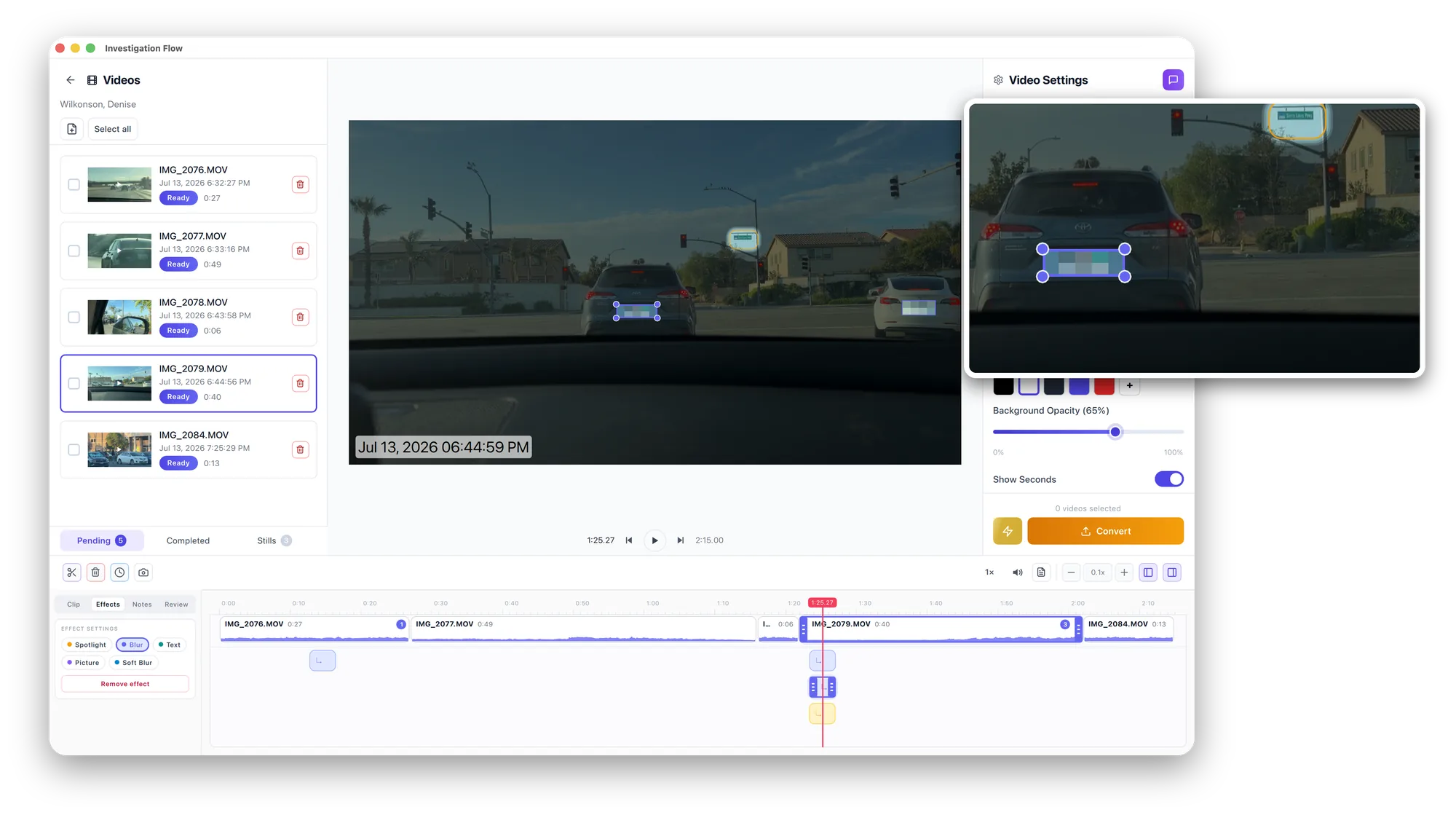 Investigation Flow blurring a license plate on surveillance footage, with a zoomed view of the redacted plate