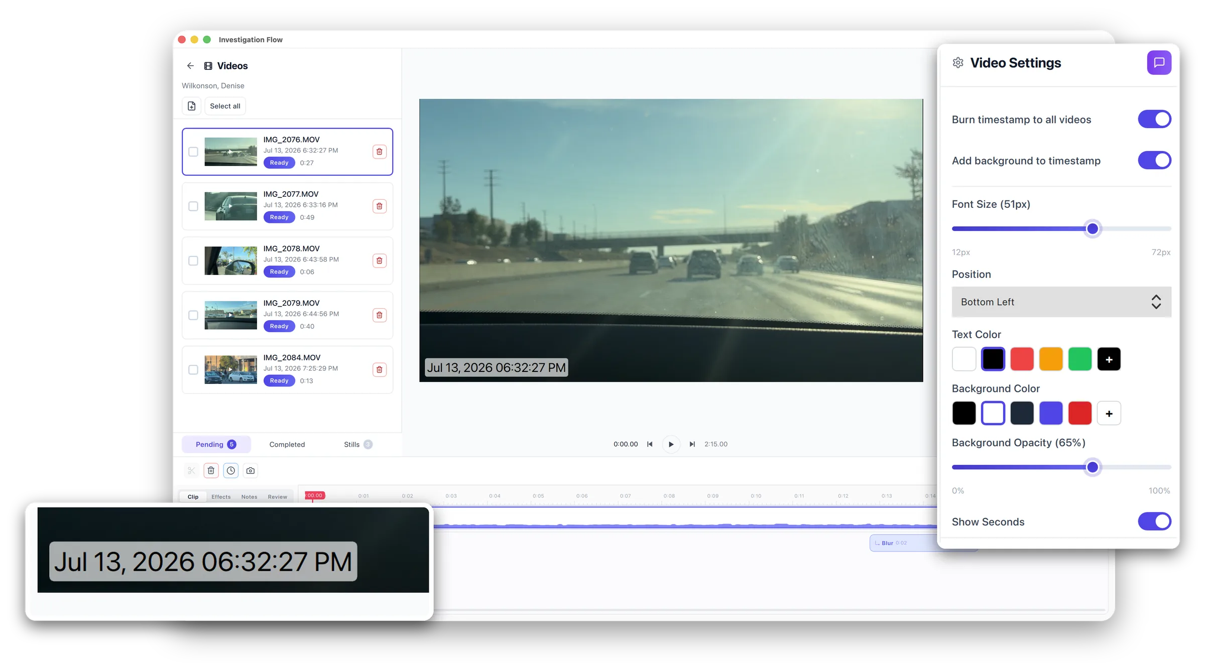 Investigation Flow with a day of surveillance clips loaded, a burned-in timestamp on the footage, and the timestamp settings panel open